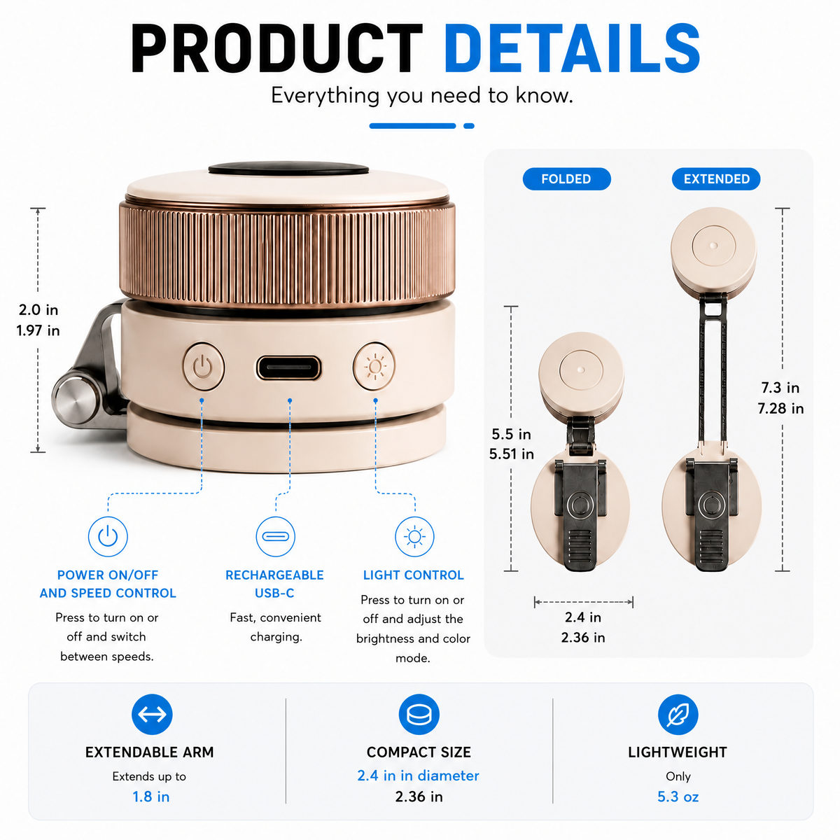 Ventilatore magnetico compatto con raffreddamento a 360 gradi e luce LED portatile