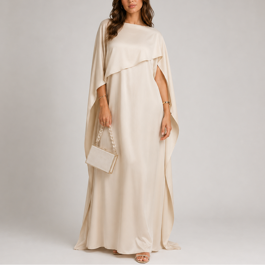 Vestito lungo da donna con mantella drappeggiata