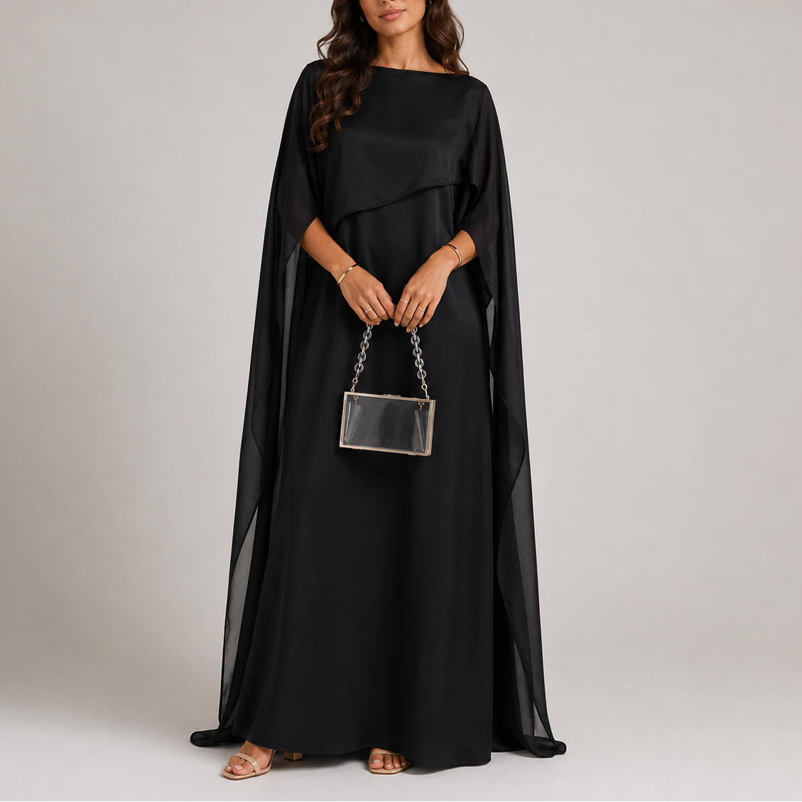 Vestito lungo da donna con mantella drappeggiata