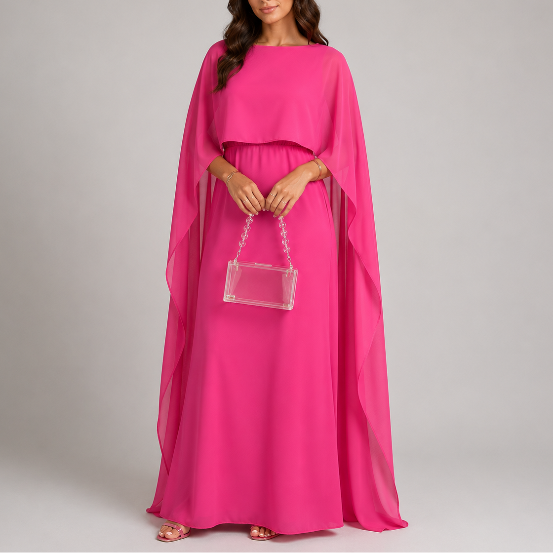 Vestito lungo da donna con mantella drappeggiata