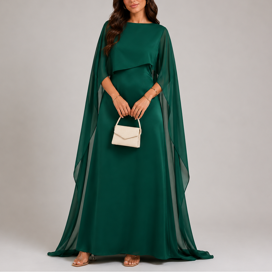 Vestito lungo da donna con mantella drappeggiata