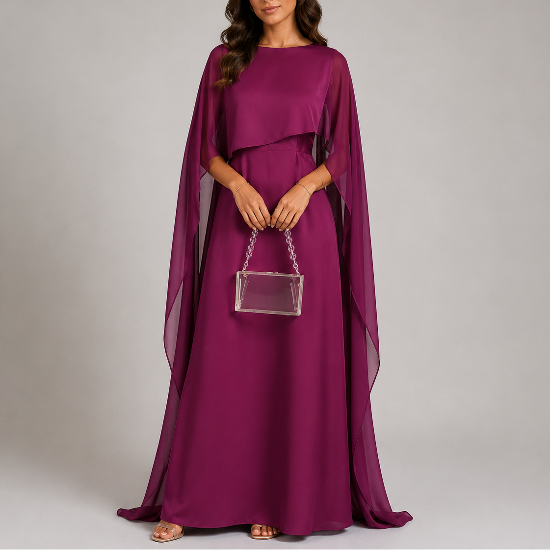 Vestito lungo da donna con mantella drappeggiata
