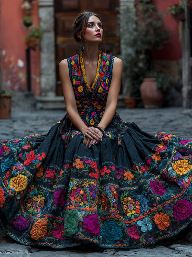 Vestito lungo da donna con scollo a V e stampa floreale per feste e occasioni speciali