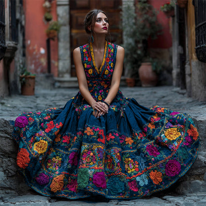 Vestito lungo da donna con scollo a V e stampa floreale per feste e occasioni speciali