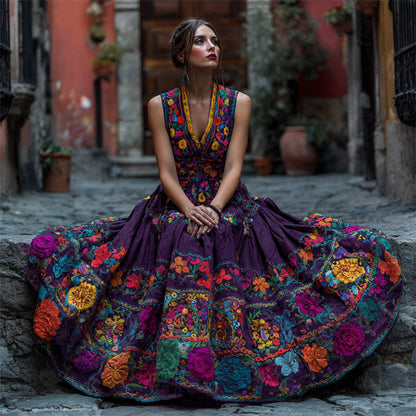 Vestito lungo da donna con scollo a V e stampa floreale per feste e occasioni speciali