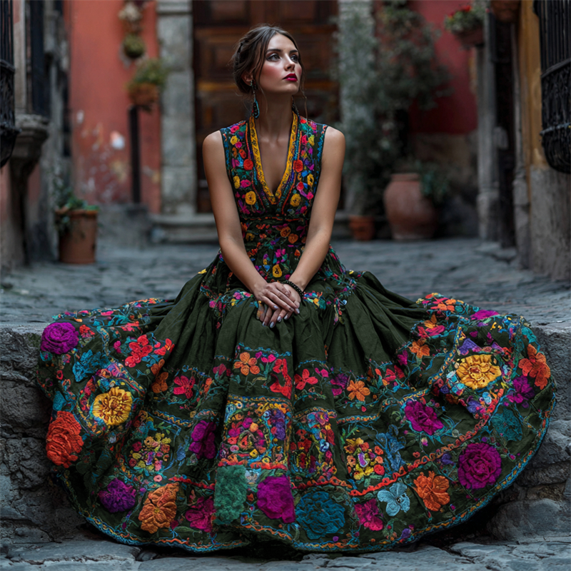 Vestito lungo da donna con scollo a V e stampa floreale per feste e occasioni speciali