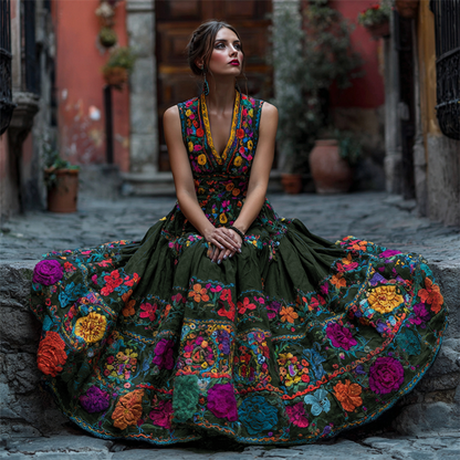 Vestito lungo da donna con scollo a V e stampa floreale per feste e occasioni speciali