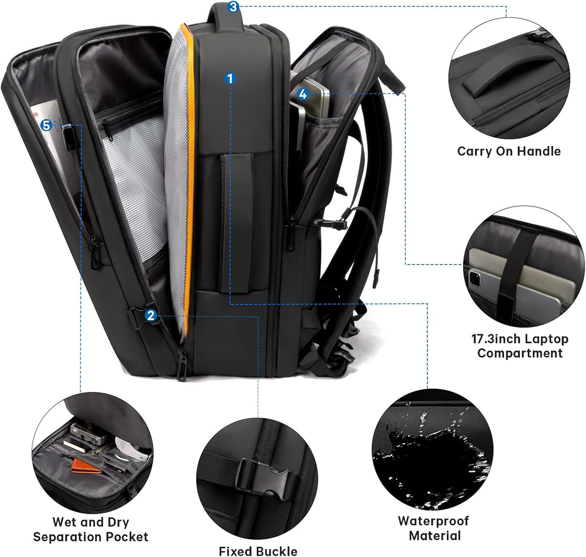Zaino da viaggio espandibile 26–45 L impermeabile con tasca laptop e maniglie duffle