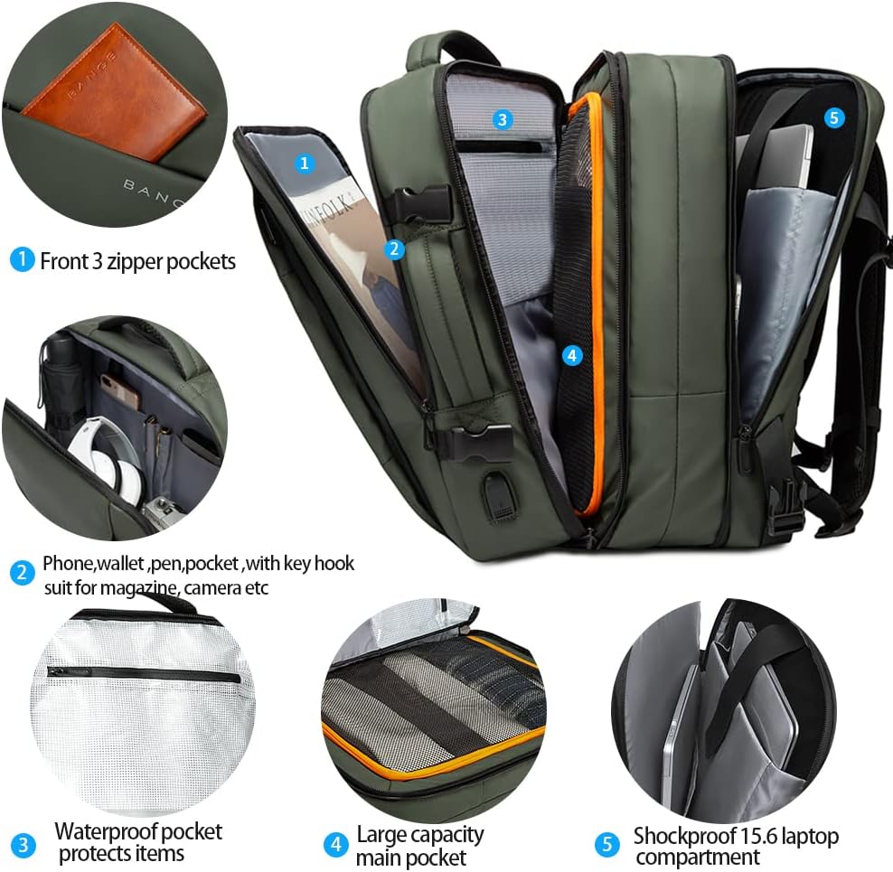 Zaino da viaggio espandibile 26–45 L impermeabile con tasca laptop e maniglie duffle