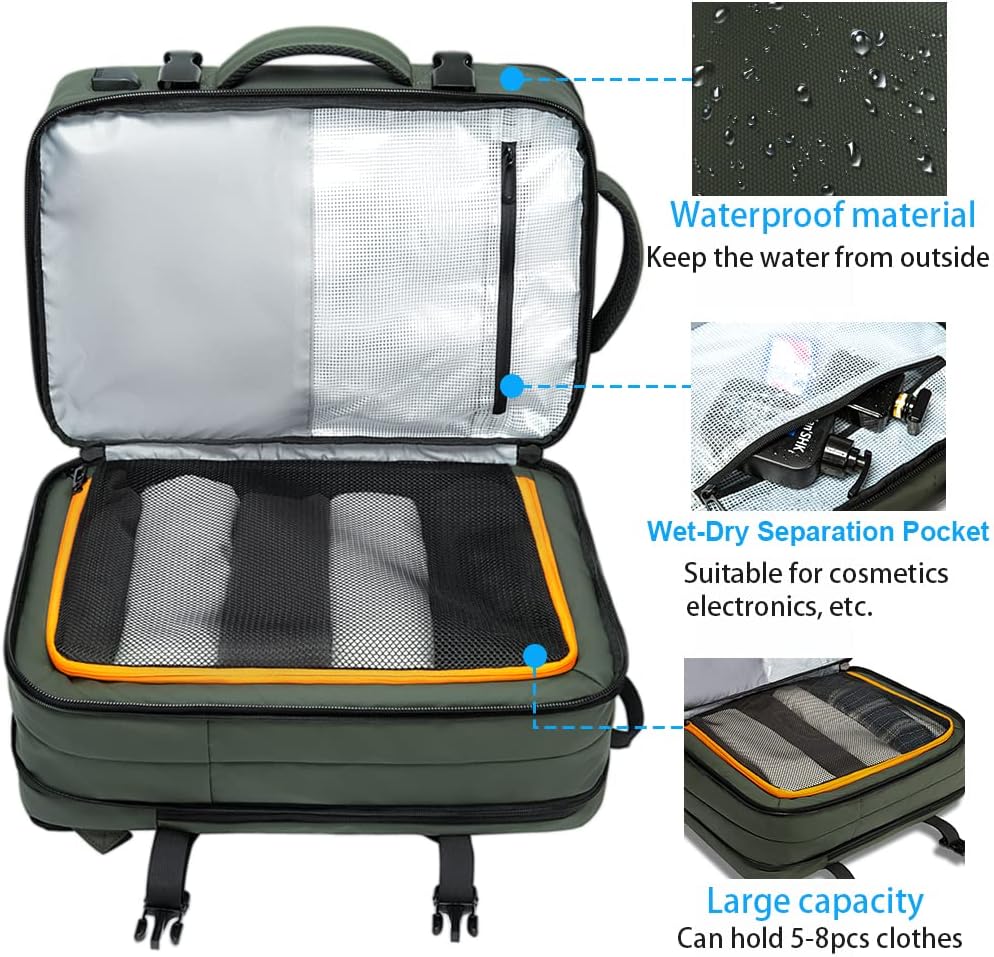 Zaino da viaggio espandibile 26–45 L impermeabile con tasca laptop e maniglie duffle