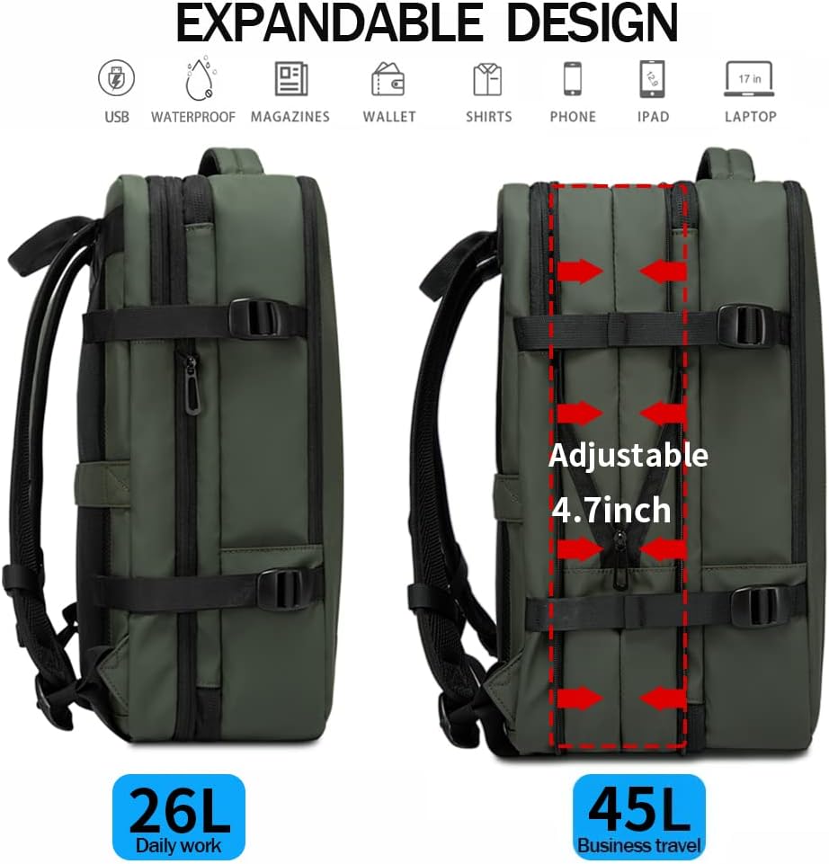 Zaino da viaggio espandibile 26–45 L impermeabile con tasca laptop e maniglie duffle