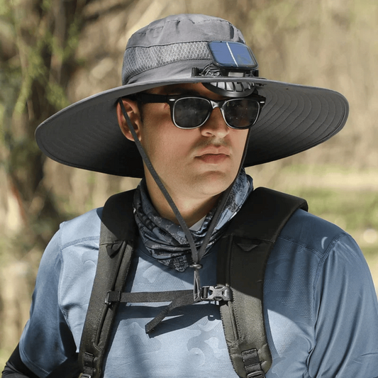 Cappello da pesca a tesa larga con ventilatore USB alimentato a energia solare e protezione UV