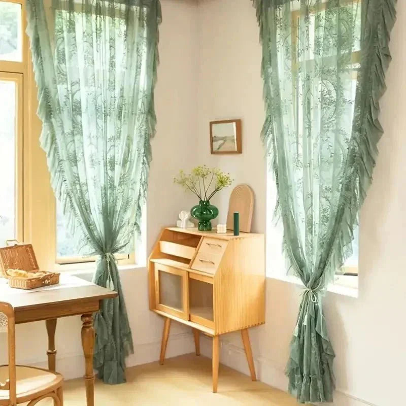 LACEVERA – Tende in pizzo verde vintage con motivo floreale