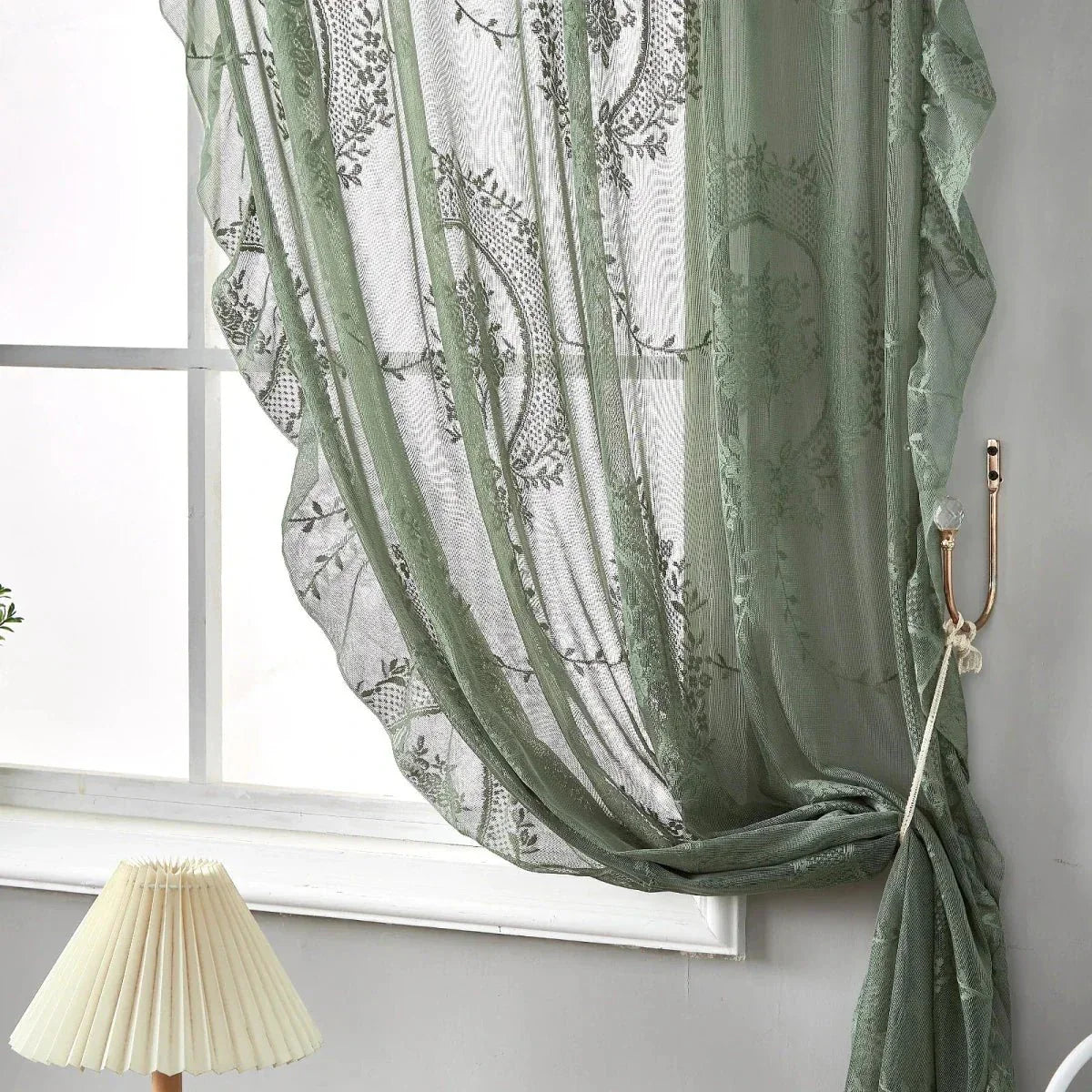 LACEVERA – Tende in pizzo verde vintage con motivo floreale