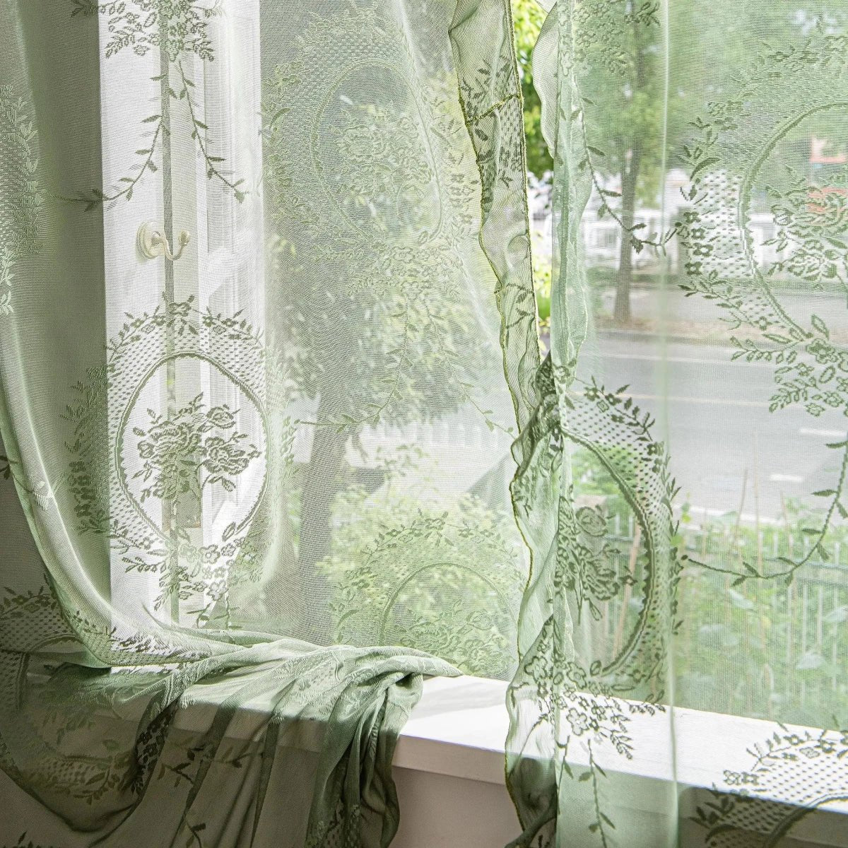 LACEVERA – Tende in pizzo verde vintage con motivo floreale