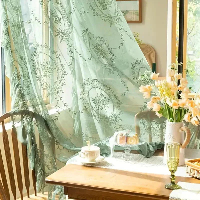 LACEVERA – Tende in pizzo verde vintage con motivo floreale