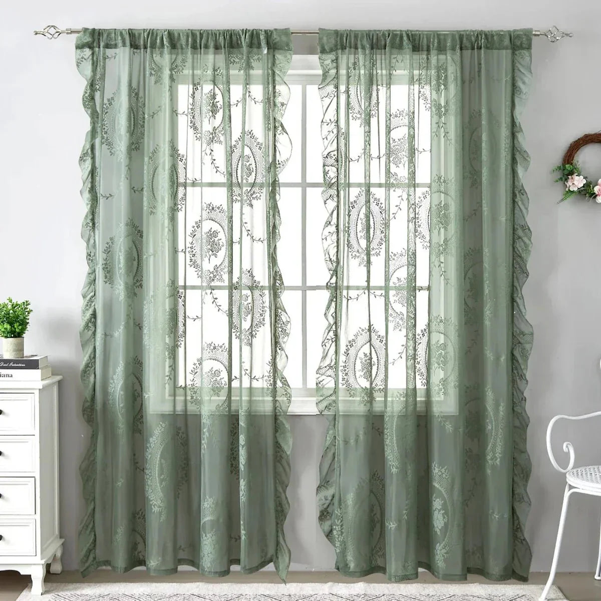 LACEVERA – Tende in pizzo verde vintage con motivo floreale